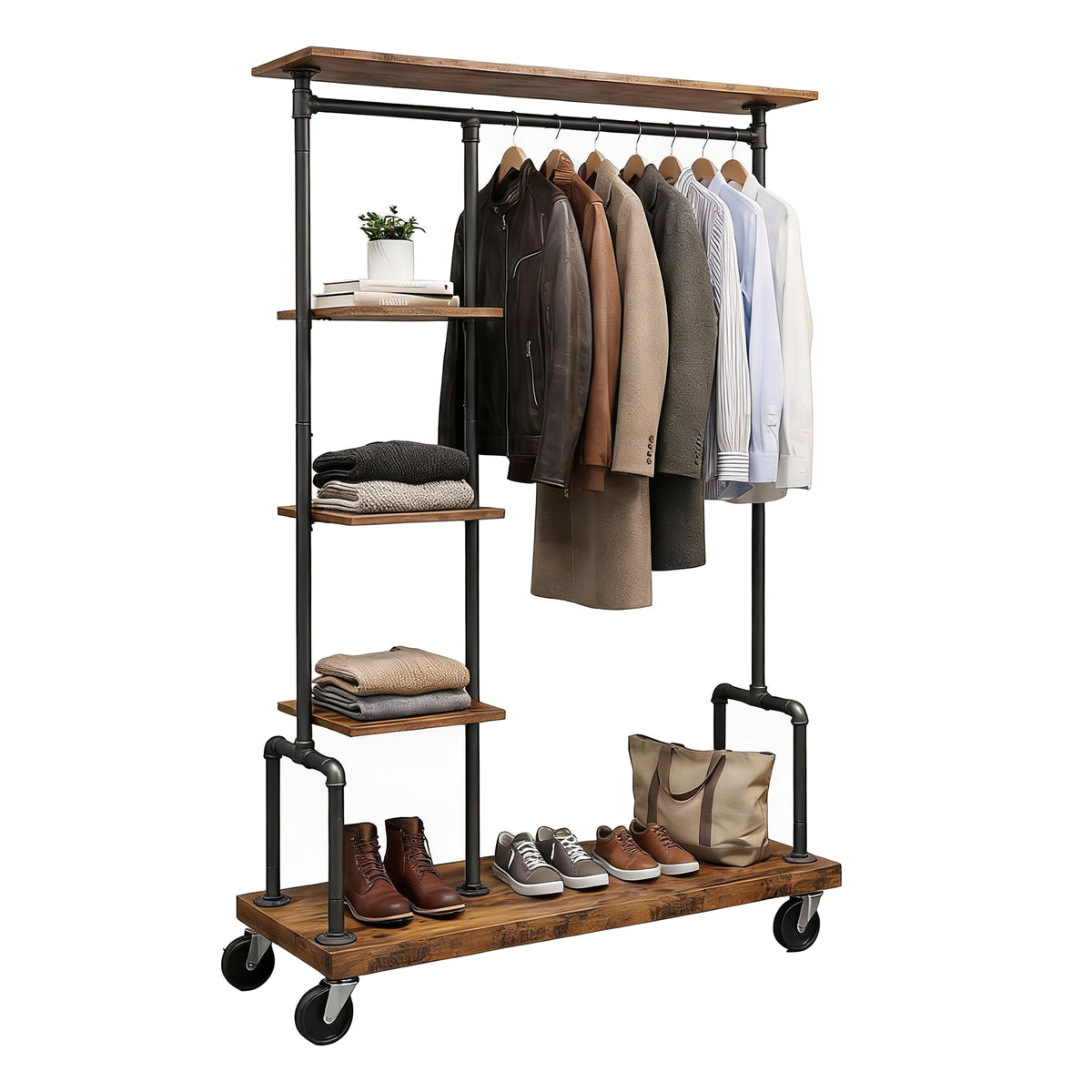 LEDREM Industrial Pipe Clothes Rack with Shelves, Heavy Duty Rolling Garment Rack, 40.7 x 15.7 x 68.7 inches, Rustic Brown