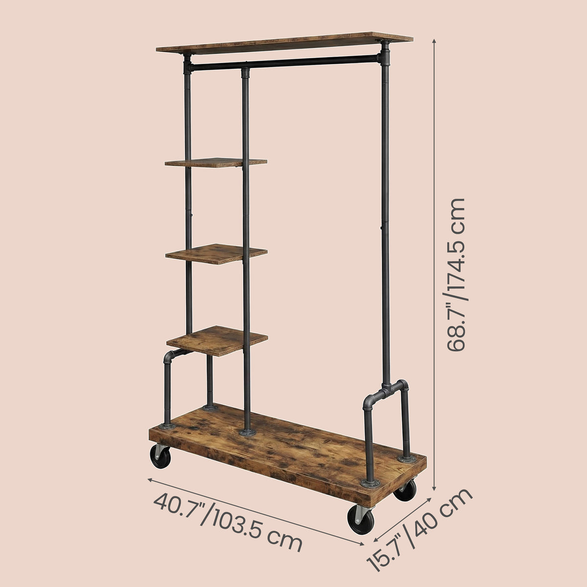 LEDREM Industrial Pipe Clothes Rack with Shelves, Heavy Duty Rolling Garment Rack, 40.7 x 15.7 x 68.7 inches, Rustic Brown