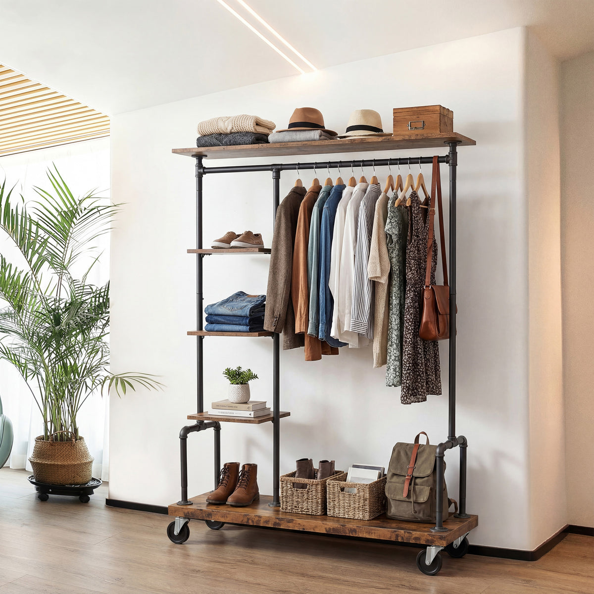 LEDREM Industrial Pipe Clothes Rack with Shelves, Heavy Duty Rolling Garment Rack, 40.7 x 15.7 x 68.7 inches, Rustic Brown