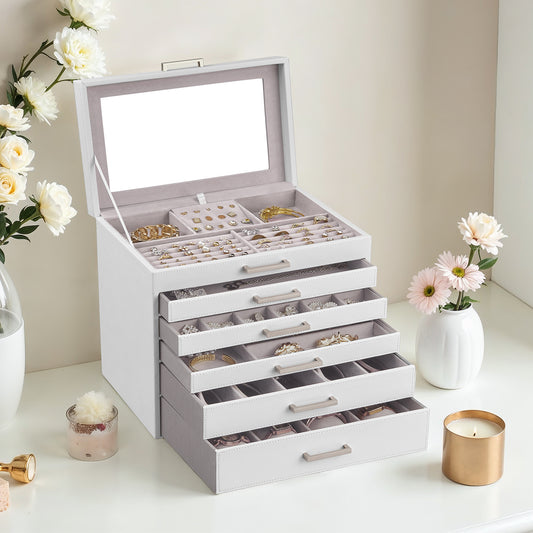 6-Tier Jewelry Organizer with Full-Length Mirror, 5 Velvet-Lined Drawers, Large Capacity Storage Case, Modern Gift Box for Women, White
