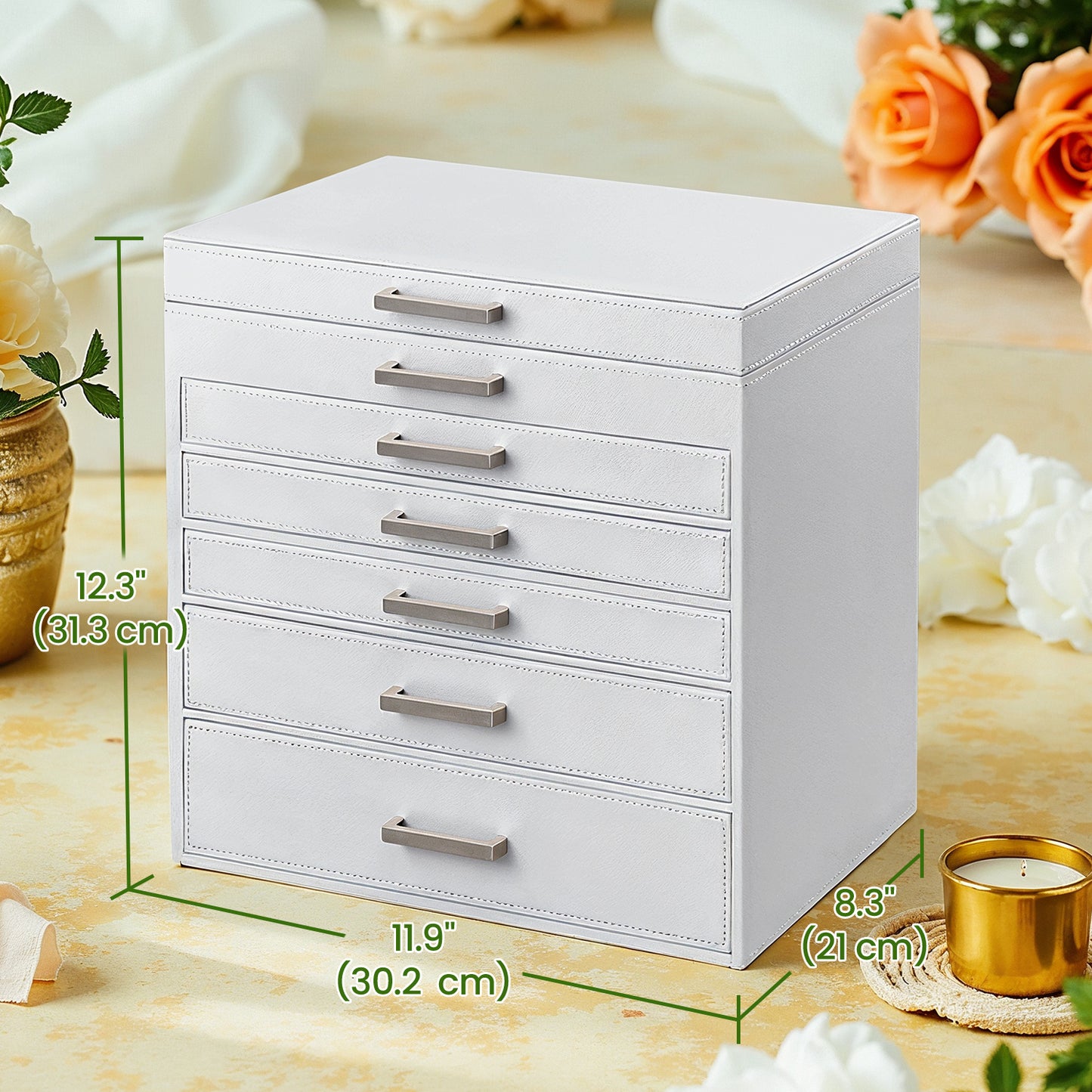 6-Tier Jewelry Organizer with Full-Length Mirror, 5 Velvet-Lined Drawers, Large Capacity Storage Case, Modern Gift Box for Women, White