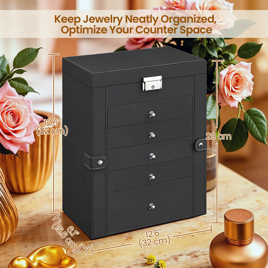 6-Tier Jewelry Organizer with 5 Drawers & Necklace Hooks, Lockable Storage Case with Mirror, Large Capacity for Earrings,Watches,Sunglasses, Black