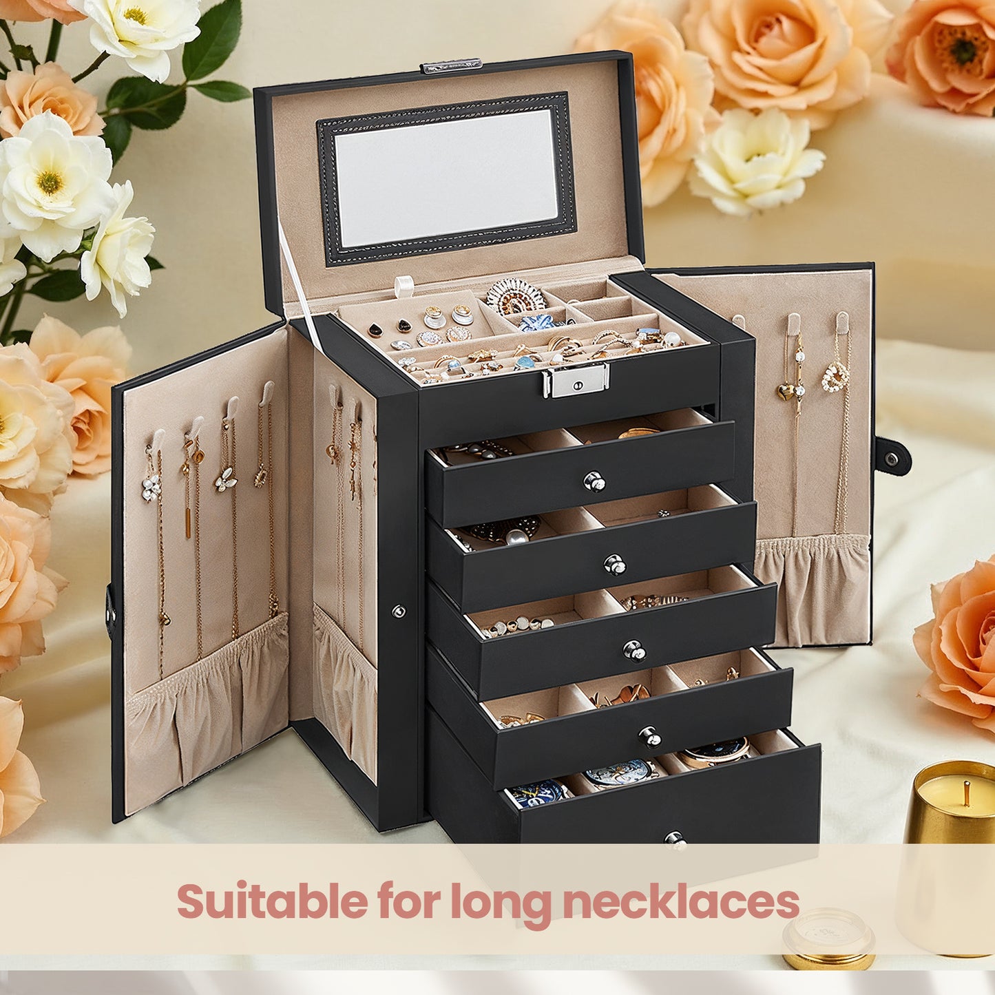 6-Tier Jewelry Organizer with 5 Drawers & Necklace Hooks, Lockable Storage Case with Mirror, Large Capacity for Earrings,Watches,Sunglasses, Black