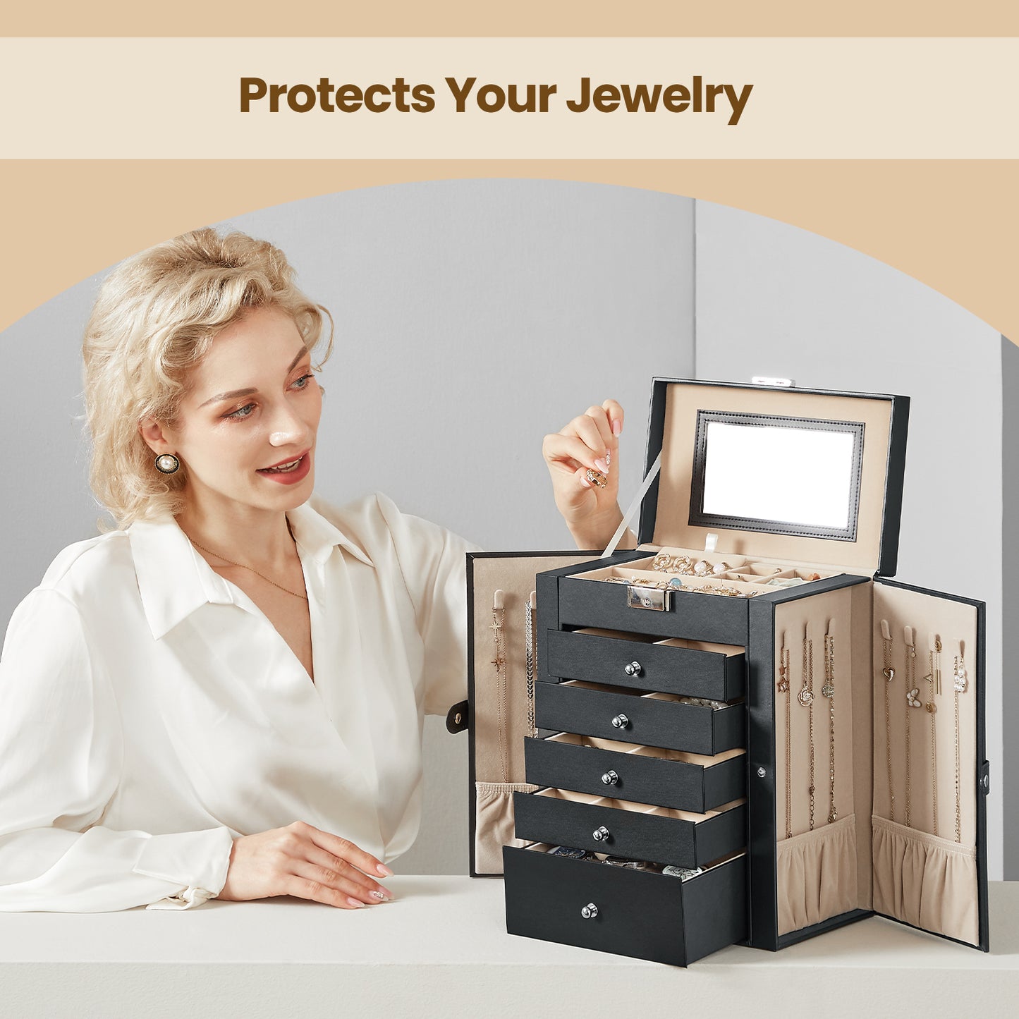 6-Tier Jewelry Organizer with 5 Drawers & Necklace Hooks, Lockable Storage Case with Mirror, Large Capacity for Earrings,Watches,Sunglasses, Black