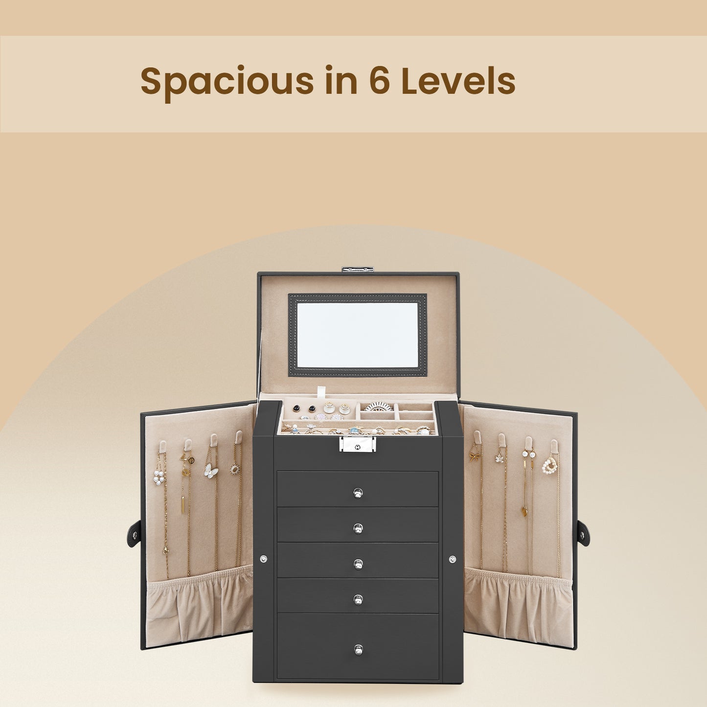 6-Tier Jewelry Organizer with 5 Drawers & Necklace Hooks, Lockable Storage Case with Mirror, Large Capacity for Earrings,Watches,Sunglasses, Black