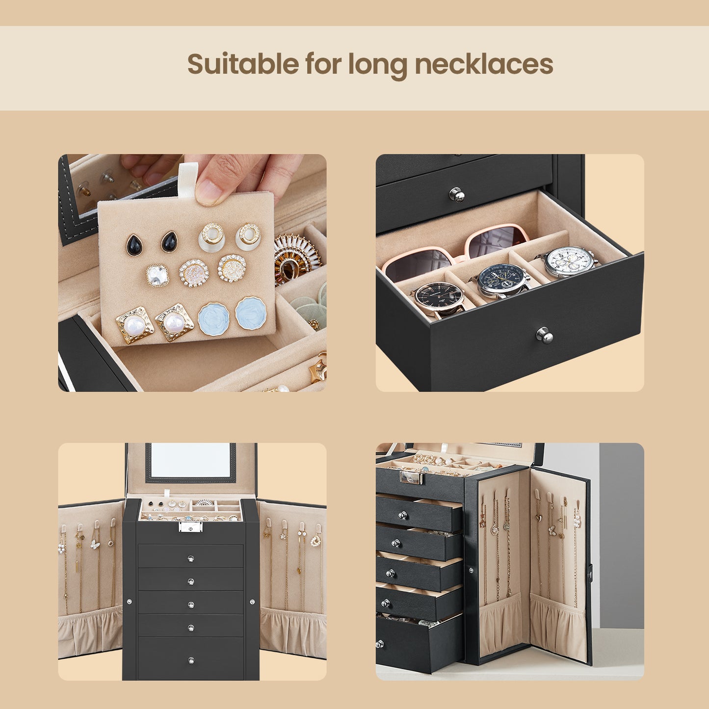 6-Tier Jewelry Organizer with 5 Drawers & Necklace Hooks, Lockable Storage Case with Mirror, Large Capacity for Earrings,Watches,Sunglasses, Black
