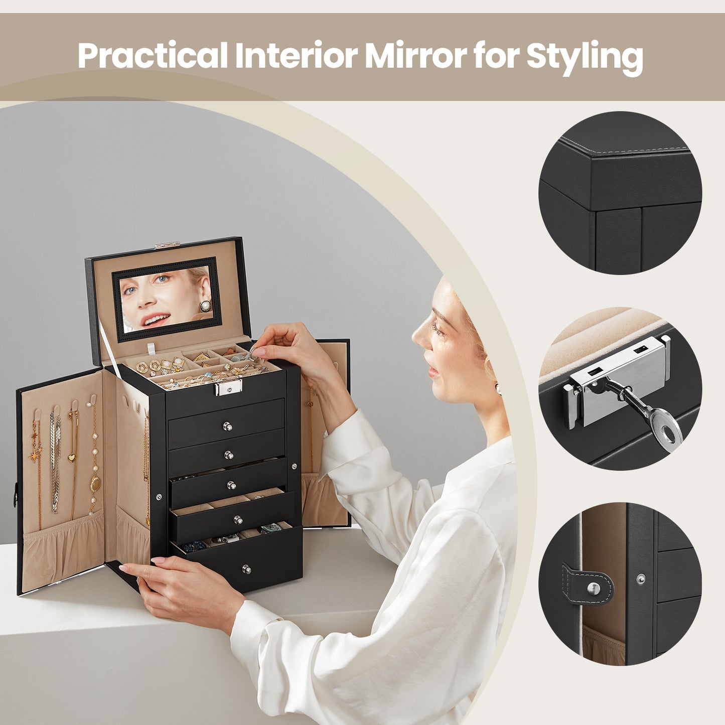 6-Tier Jewelry Organizer with 5 Drawers & Necklace Hooks, Lockable Storage Case with Mirror, Large Capacity for Earrings,Watches,Sunglasses, Black