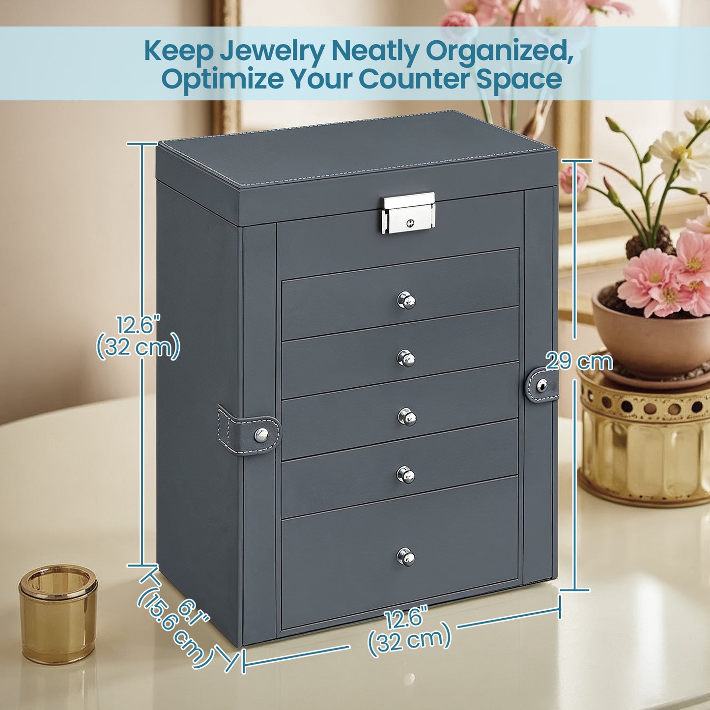 6-Tier Jewelry Storage Organizer with 5 Drawers, 4 Necklace Hooks, Lockable Mirror Case, Large Capacity for Earrings, Rings, Watches & Sunglasses, Gift for Women, Gray