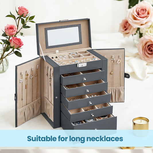 6-Tier Jewelry Storage Organizer with 5 Drawers, 4 Necklace Hooks, Lockable Mirror Case, Large Capacity for Earrings, Rings, Watches & Sunglasses, Gift for Women, Gray
