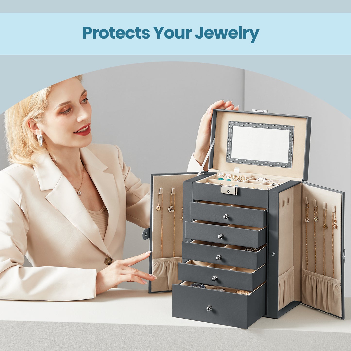 6-Tier Jewelry Storage Organizer with 5 Drawers, 4 Necklace Hooks, Lockable Mirror Case, Large Capacity for Earrings, Rings, Watches & Sunglasses, Gift for Women, Gray