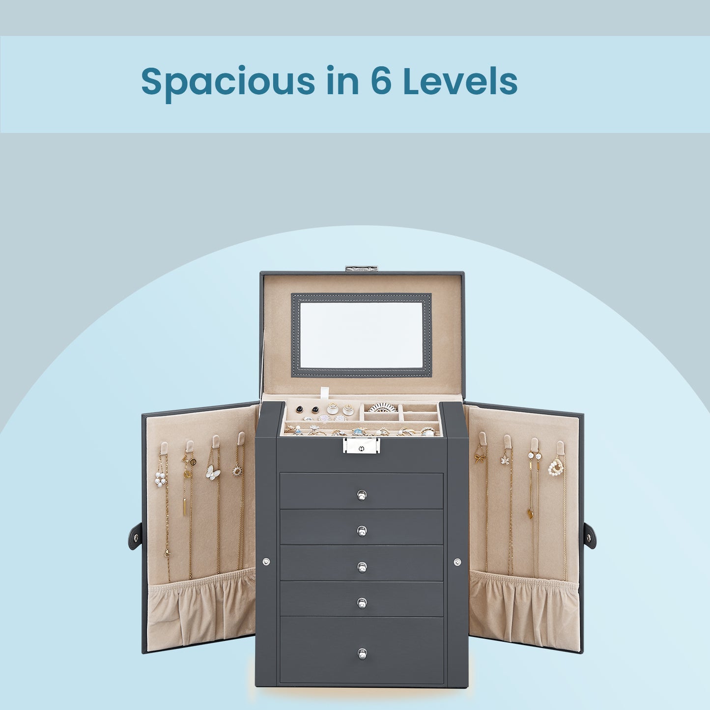 6-Tier Jewelry Storage Organizer with 5 Drawers, 4 Necklace Hooks, Lockable Mirror Case, Large Capacity for Earrings, Rings, Watches & Sunglasses, Gift for Women, Gray