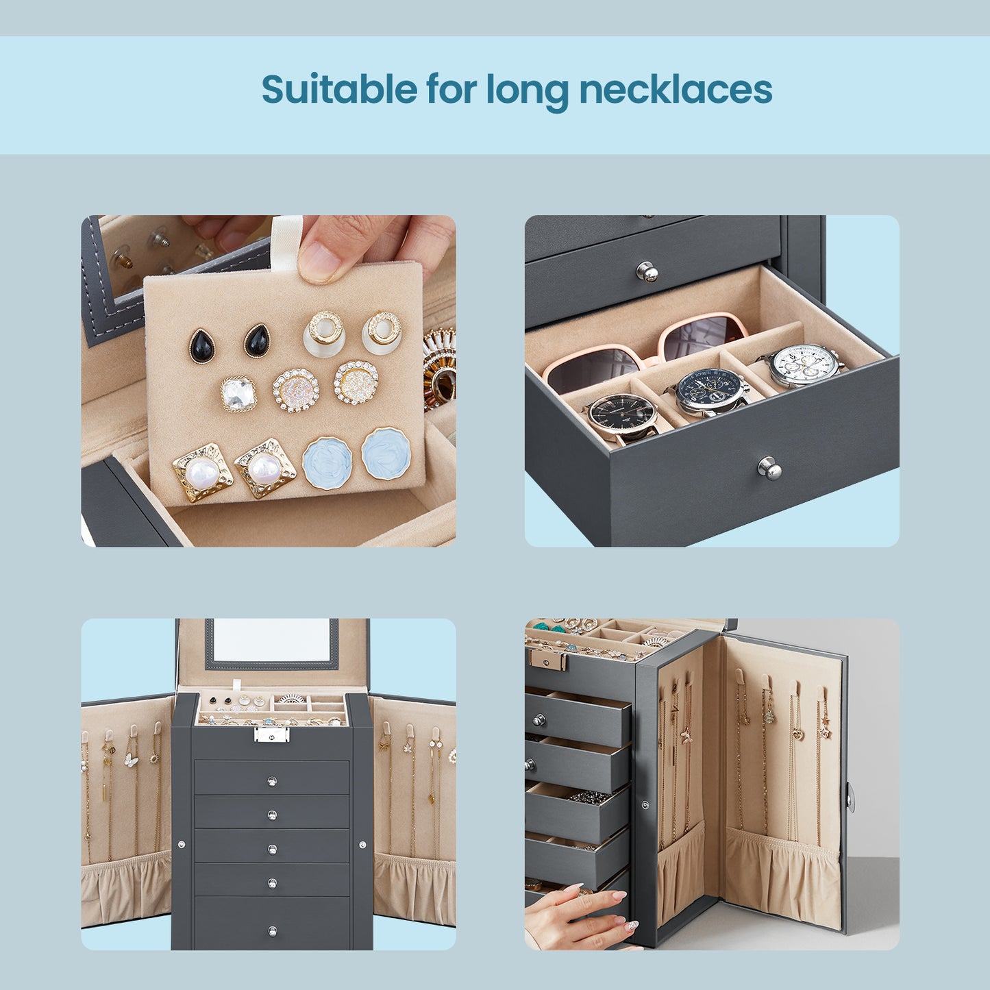 6-Tier Jewelry Storage Organizer with 5 Drawers, 4 Necklace Hooks, Lockable Mirror Case, Large Capacity for Earrings, Rings, Watches & Sunglasses, Gift for Women, Gray
