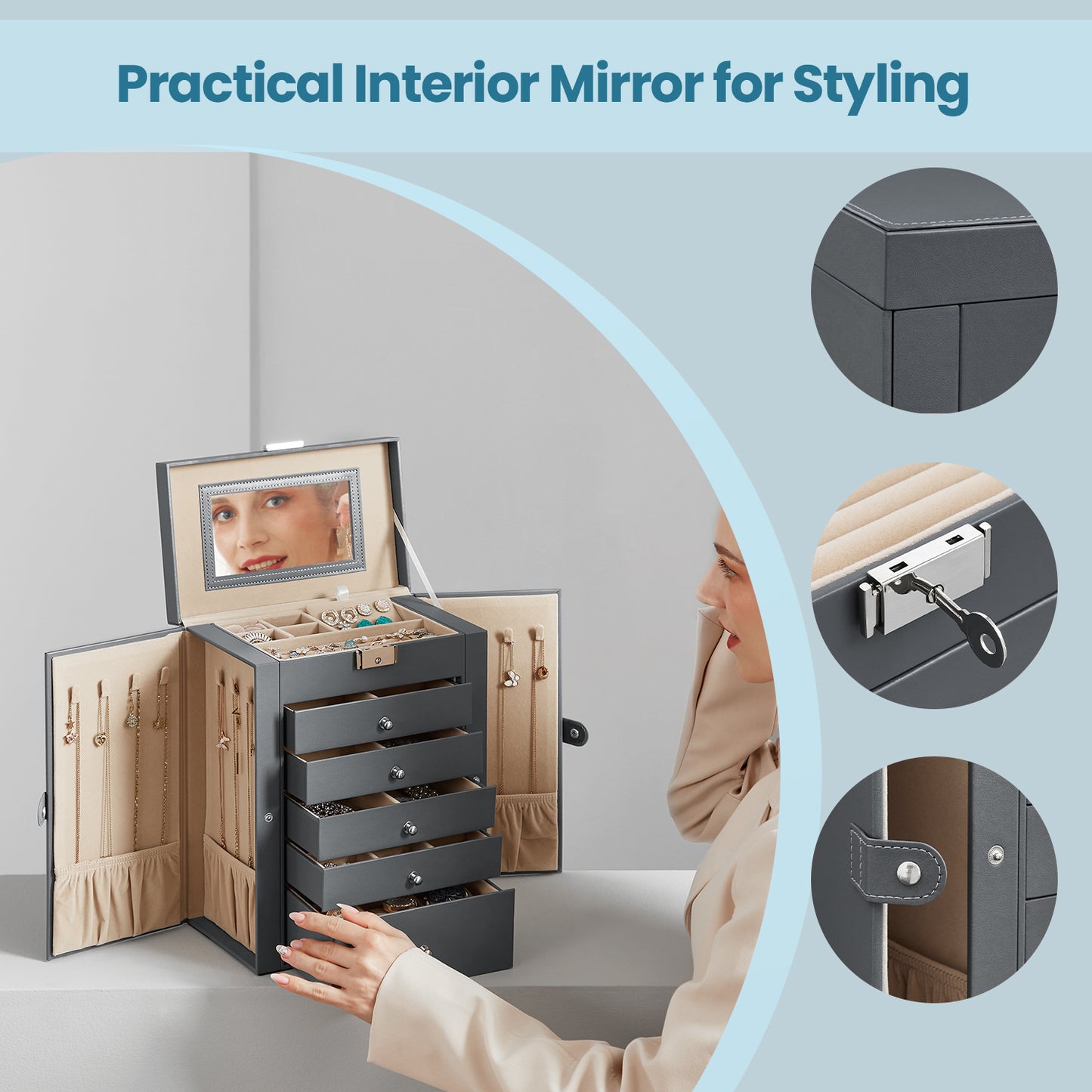 6-Tier Jewelry Storage Organizer with 5 Drawers, 4 Necklace Hooks, Lockable Mirror Case, Large Capacity for Earrings, Rings, Watches & Sunglasses, Gift for Women, Gray