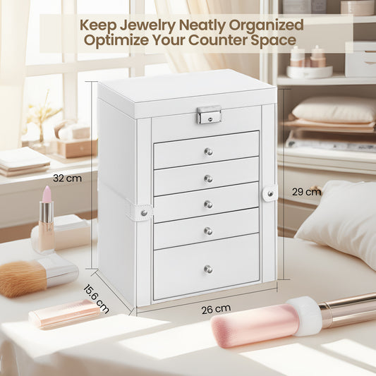 6-Tier Jewelry Organizer with 5 Drawers & Lock, Spacious Storage for Earrings, Rings, Necklaces & Watches, PU Leather & Velvet Lining, Includes Mirror, Gift Box – White