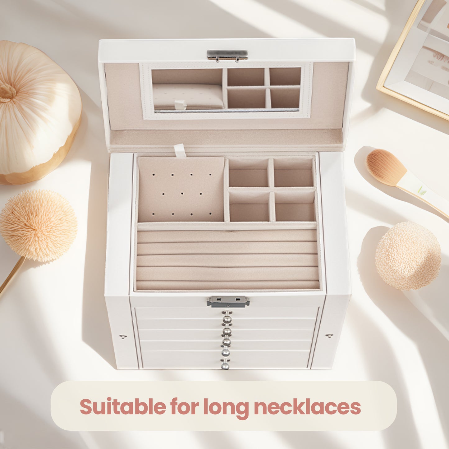 6-Tier Jewelry Organizer with 5 Drawers & Lock, Spacious Storage for Earrings, Rings, Necklaces & Watches, PU Leather & Velvet Lining, Includes Mirror, Gift Box – White