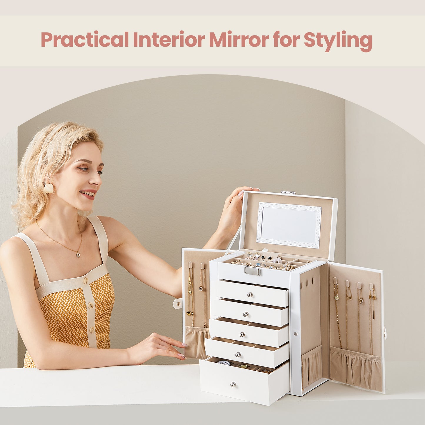 6-Tier Jewelry Organizer with 5 Drawers & Lock, Spacious Storage for Earrings, Rings, Necklaces & Watches, PU Leather & Velvet Lining, Includes Mirror, Gift Box – White
