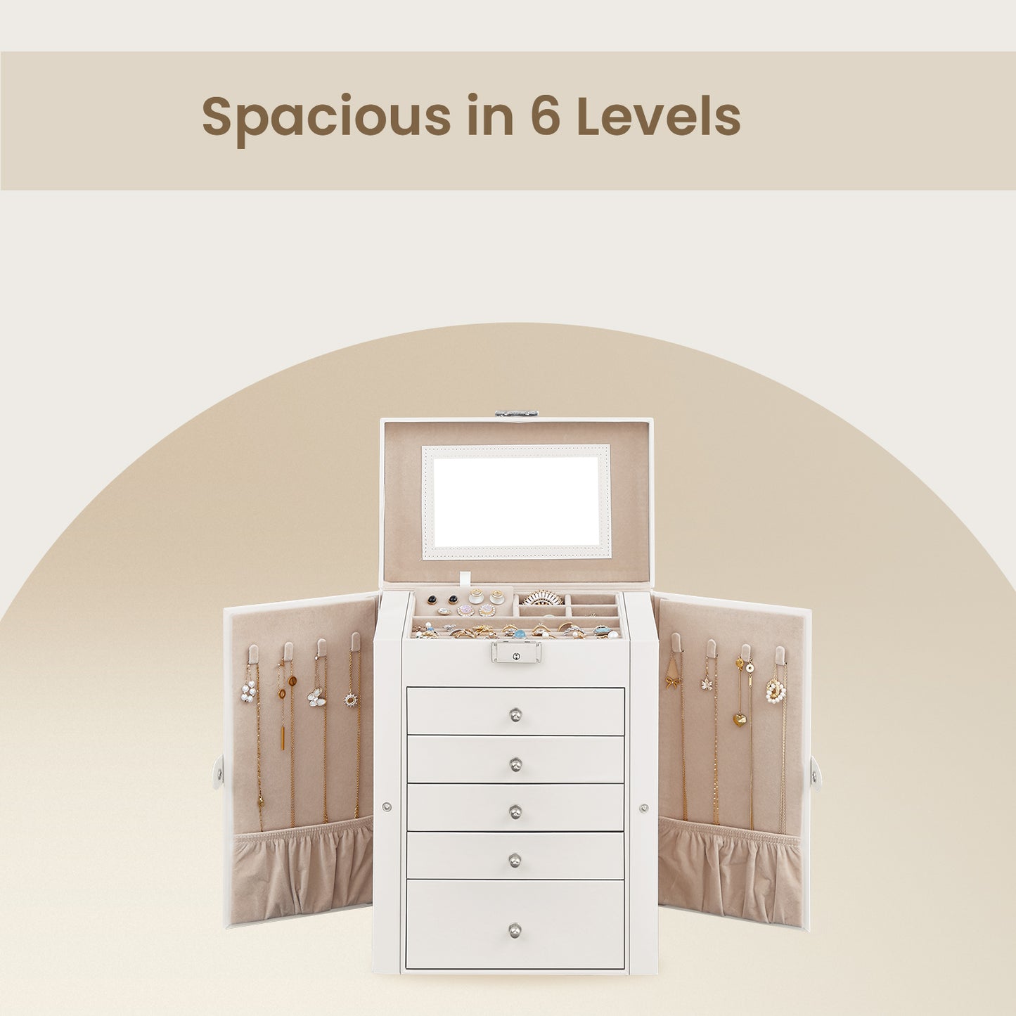 6-Tier Jewelry Organizer with 5 Drawers & Lock, Spacious Storage for Earrings, Rings, Necklaces & Watches, PU Leather & Velvet Lining, Includes Mirror, Gift Box – White