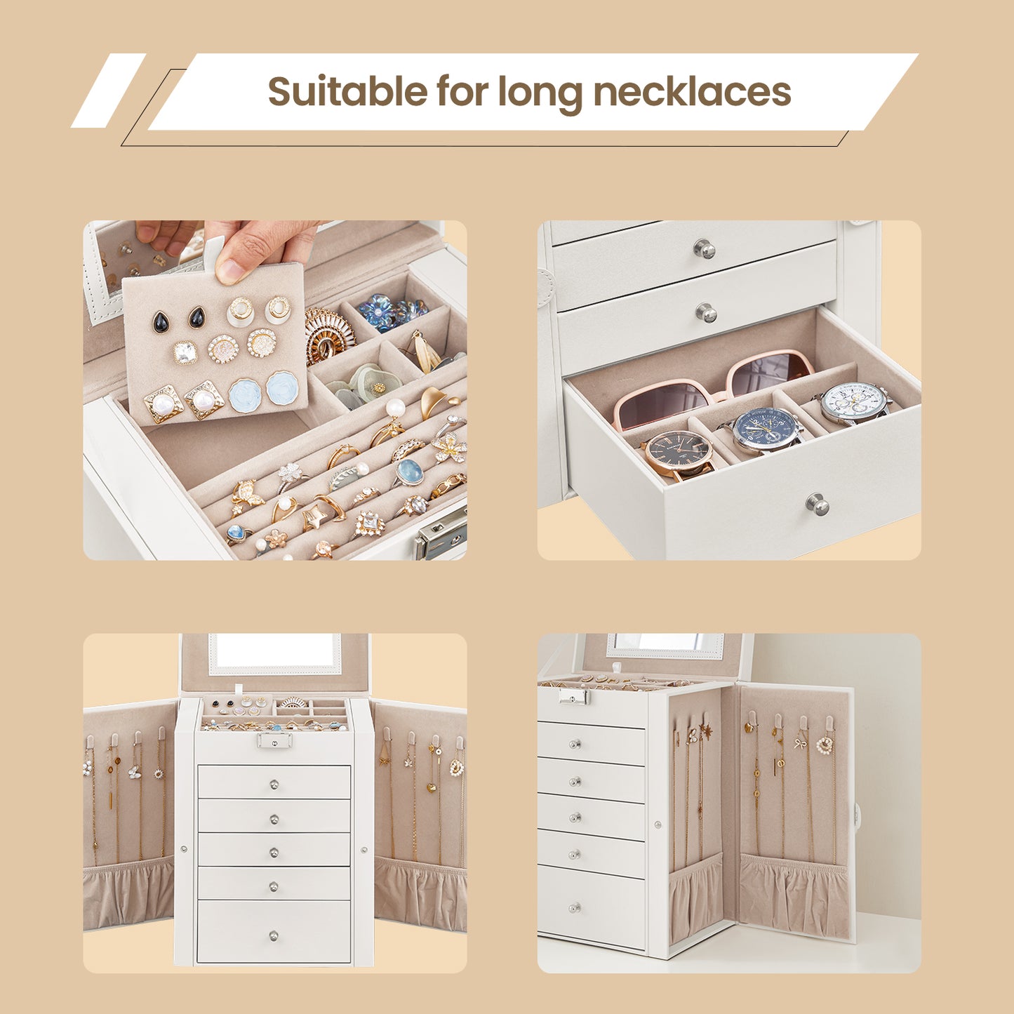 6-Tier Jewelry Organizer with 5 Drawers & Lock, Spacious Storage for Earrings, Rings, Necklaces & Watches, PU Leather & Velvet Lining, Includes Mirror, Gift Box – White