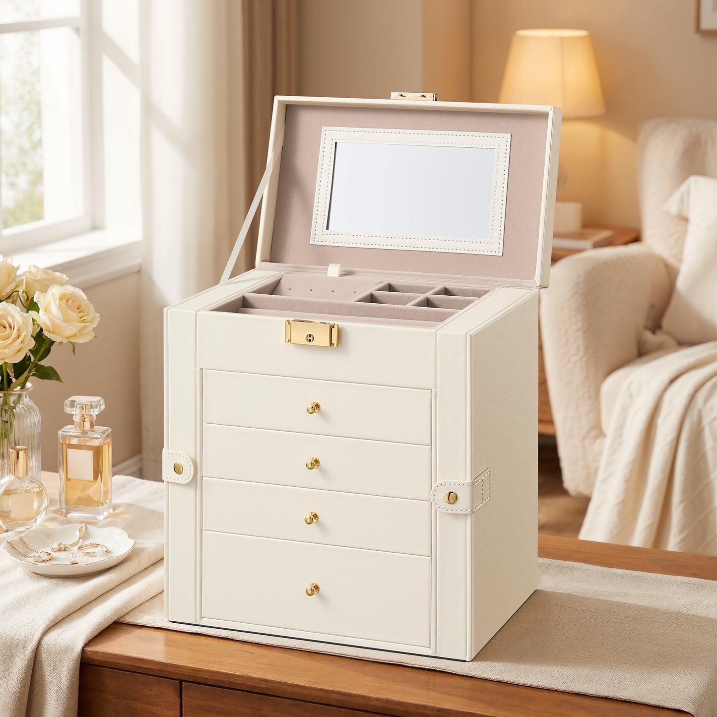 5-Layer Lockable Jewelry Box with Mirror and 4 Drawers, Large Storage Case for Necklaces Watches, Cream White