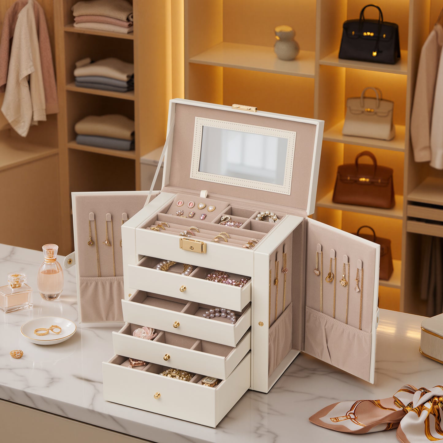 5-Layer Lockable Jewelry Box with Mirror and 4 Drawers, Large Storage Case for Necklaces Watches, Cream White