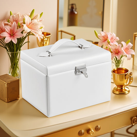 4-Tier Jewelry Organizer with Lock, Travel Jewelry Case with Mirror & 3 Drawers, Velvet-Lined Storage Box, Gift for Women, White