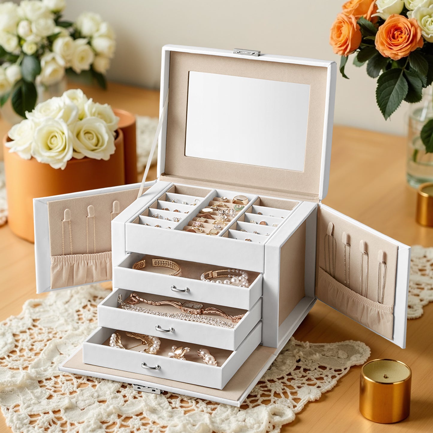 4-Tier Jewelry Organizer with Lock, Travel Jewelry Case with Mirror & 3 Drawers, Velvet-Lined Storage Box, Gift for Women, White