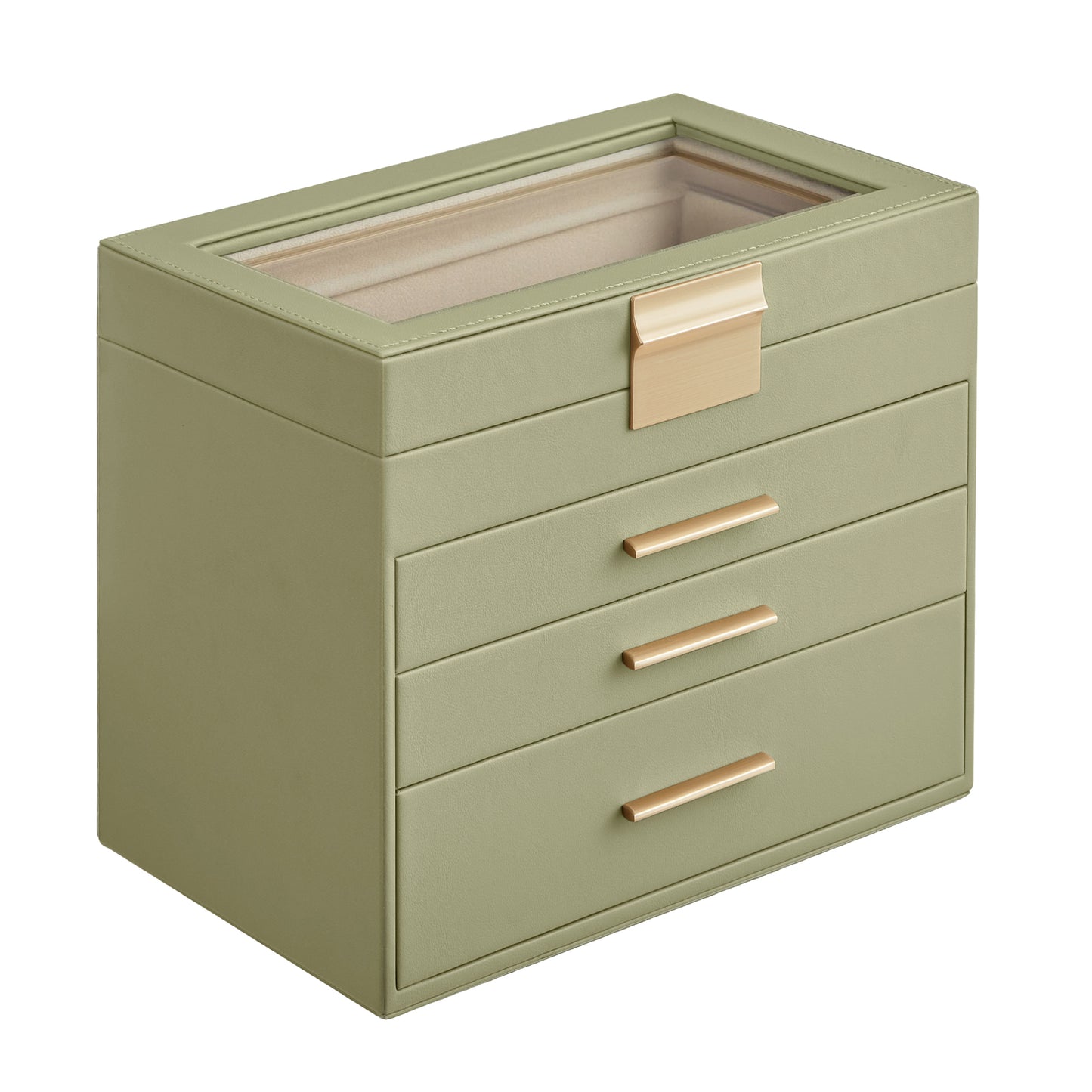 Jewelry Box with Glass Lid, 4-Tier Jewelry Organiser, 3 Drawers, for Sunglasses, Big Jewelry, Light Green