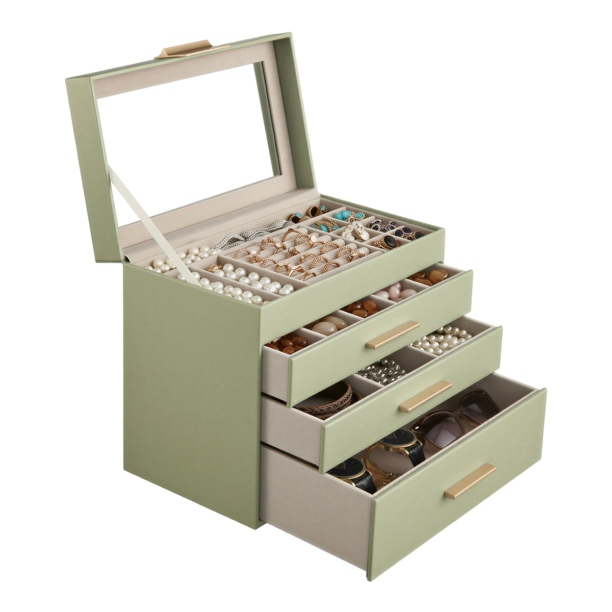 Jewelry Box with Glass Lid, 4-Tier Jewelry Organiser, 3 Drawers, for Sunglasses, Big Jewelry, Light Green