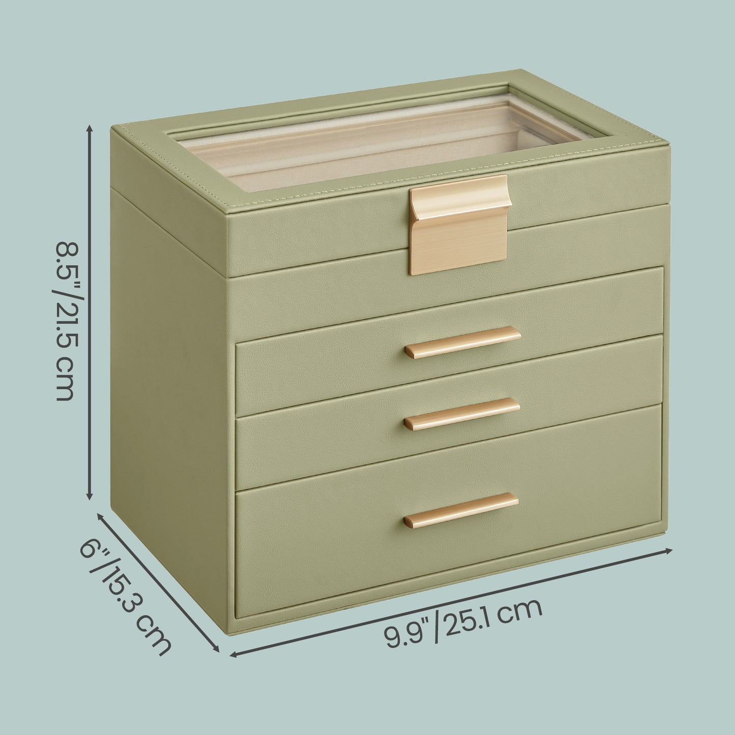 Jewelry Box with Glass Lid, 4-Tier Jewelry Organiser, 3 Drawers, for Sunglasses, Big Jewelry, Light Green