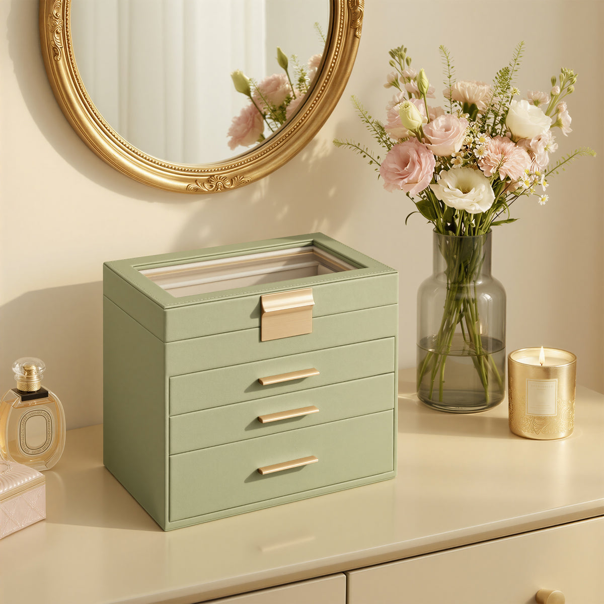 Jewelry Box with Glass Lid, 4-Tier Jewelry Organiser, 3 Drawers, for Sunglasses, Big Jewelry, Light Green