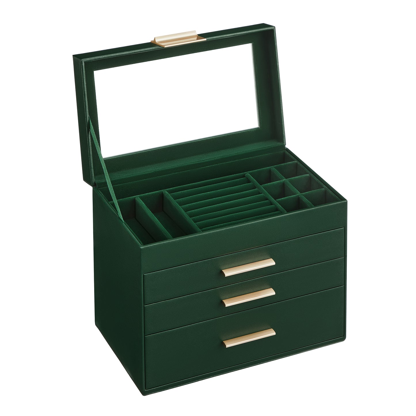 Jewelry Box Organizer, 4-Layer Stackable Storage with 3 Drawers & Glass Lid, Modern Vanity Display Case for Earrings Necklaces Rings, Forest Green and Gold