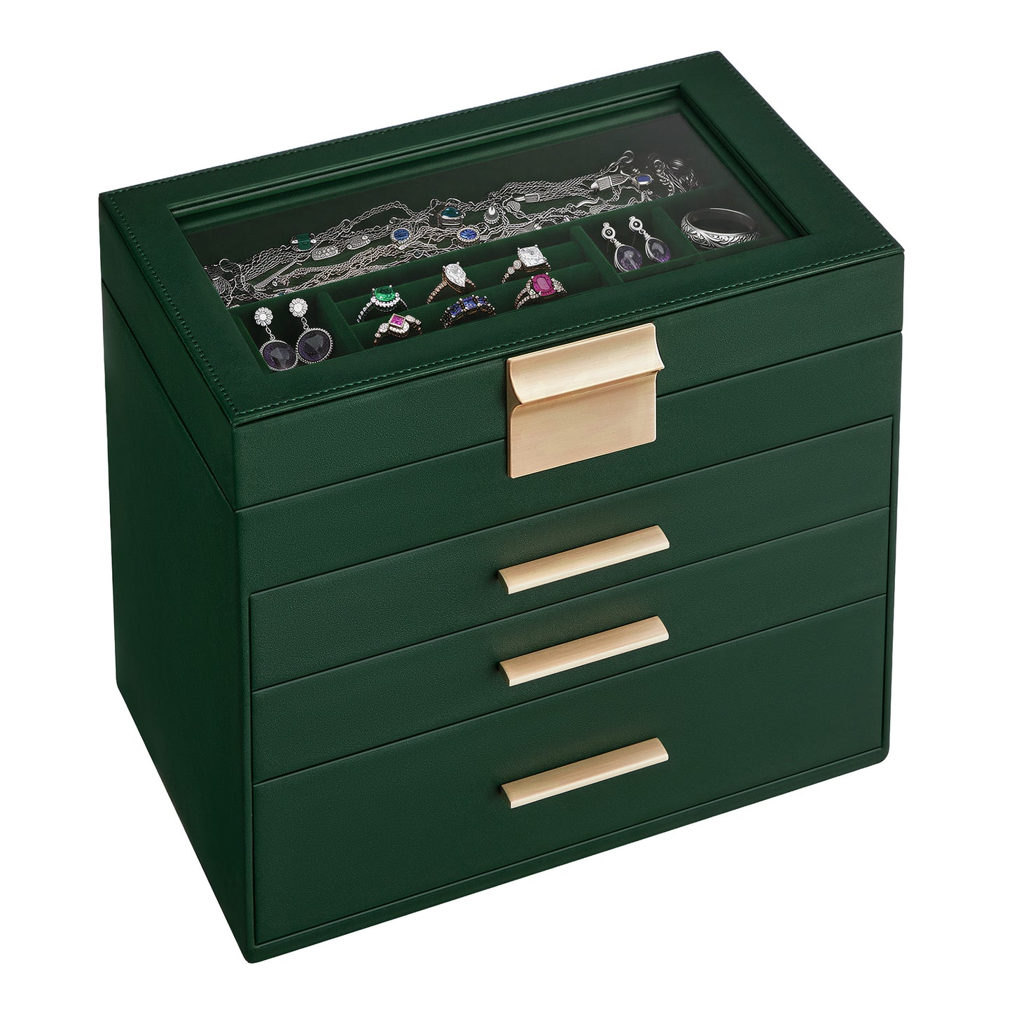 Jewelry Box Organizer, 4-Layer Stackable Storage with 3 Drawers & Glass Lid, Modern Vanity Display Case for Earrings Necklaces Rings, Forest Green and Gold