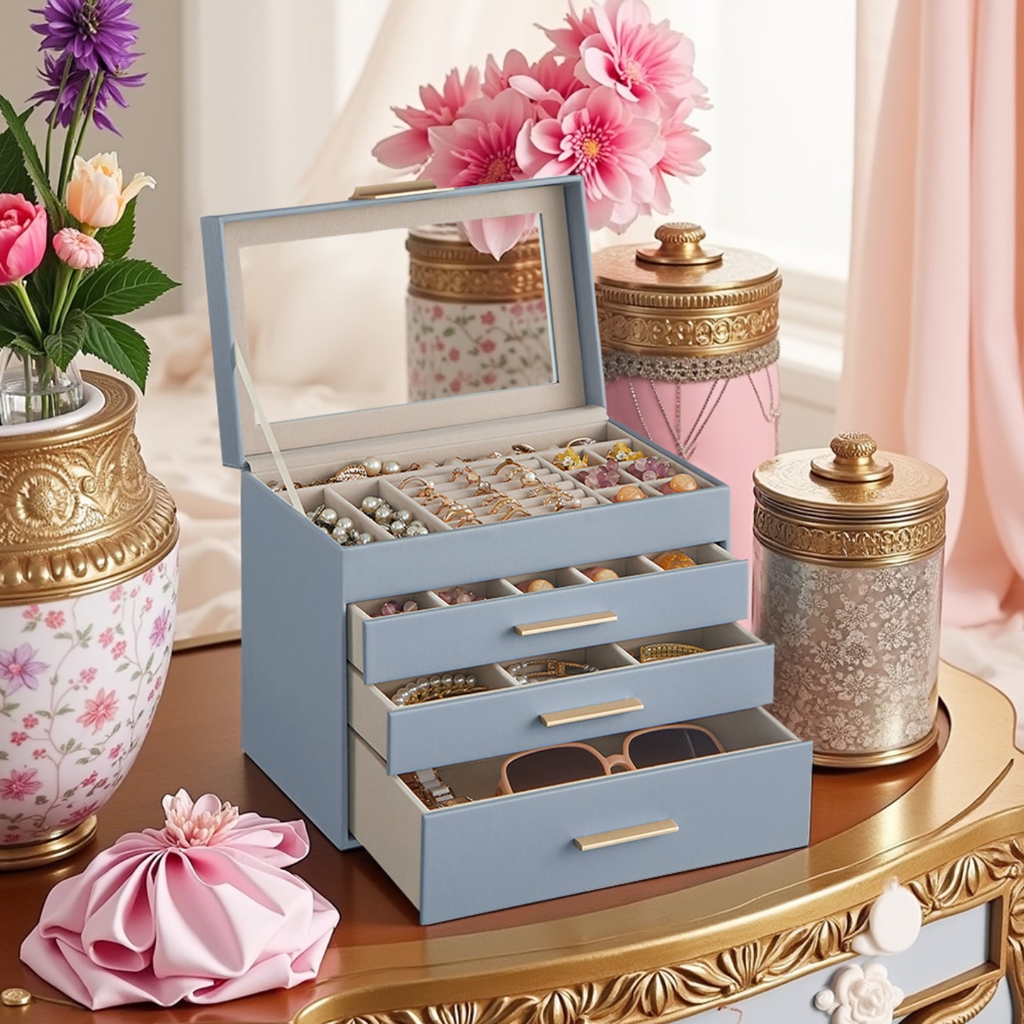 Jewelry Box with Glass Lid, 4-Tier Jewelry Organizer, 3 Drawers, for Sunglasses, Big Jewelry, Blue