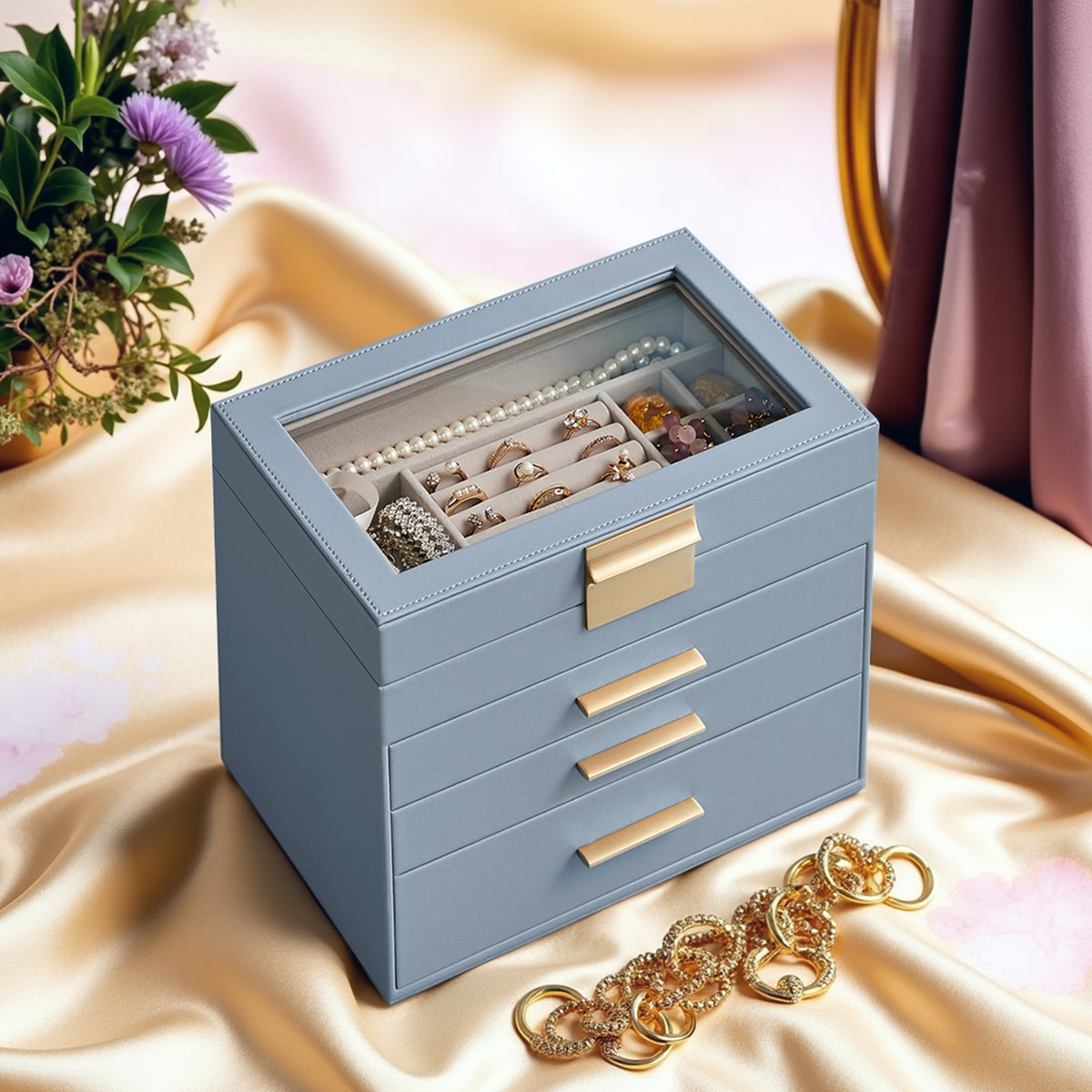 Jewelry Box with Glass Lid, 4-Tier Jewelry Organizer, 3 Drawers, for Sunglasses, Big Jewelry, Blue