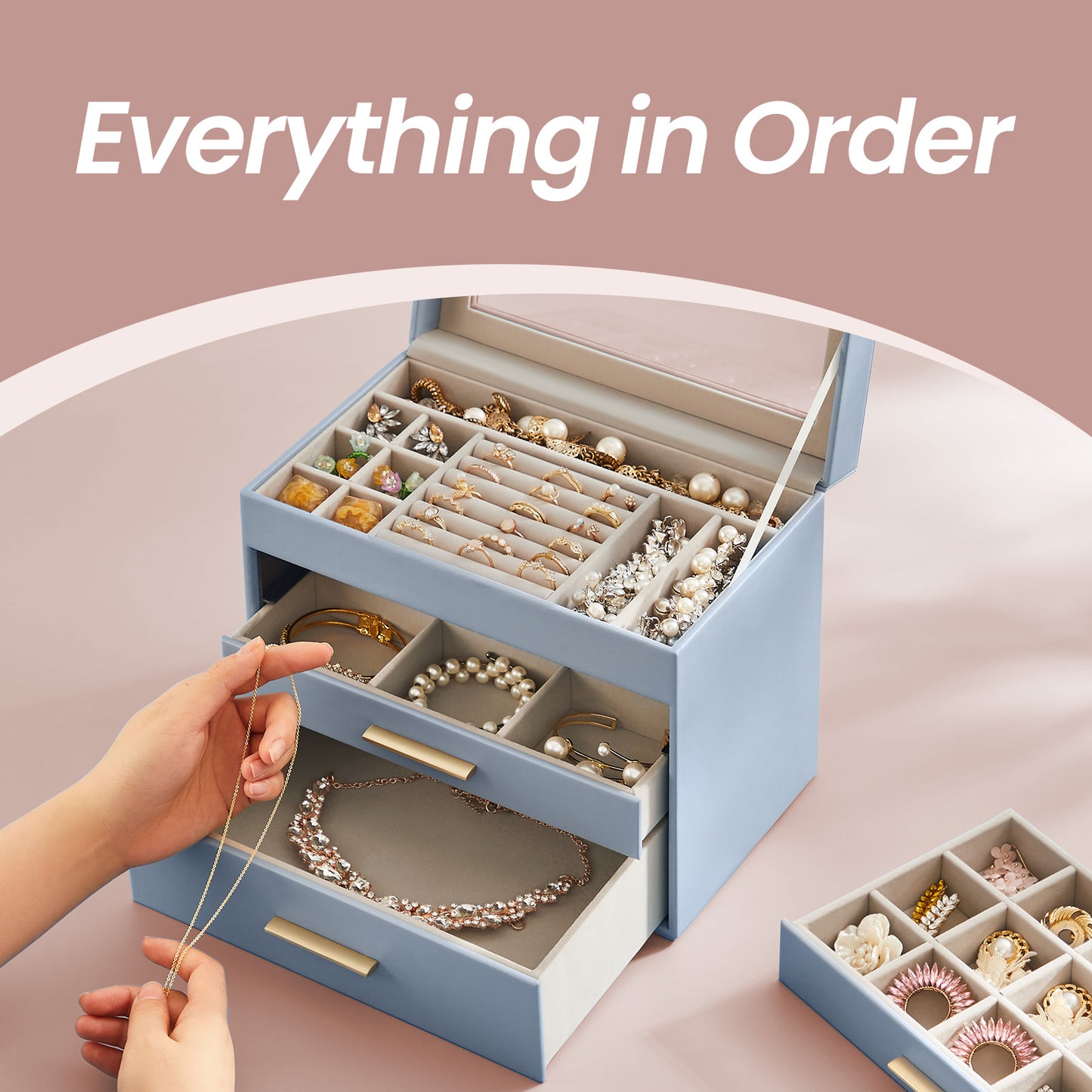 Jewelry Box with Glass Lid, 4-Tier Jewelry Organizer, 3 Drawers, for Sunglasses, Big Jewelry, Blue