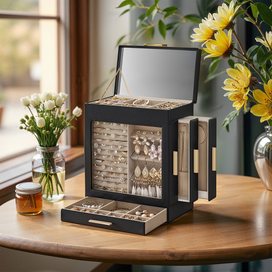 5-Layer Jewelry Organizer with Glass Window & 3 Adjustable Drawers, Hanging/Storage Design with Full Mirror, Modern Jewelry Case, Ink Black and Metallic Gold