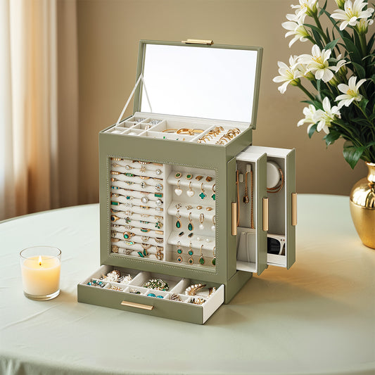 5-Tier Jewelry Organizer with Glass Display & 3 Modular Drawers, Hanging Storage System with Full Mirror, Modern Jewelry Case, Sage Green and Metallic Gold
