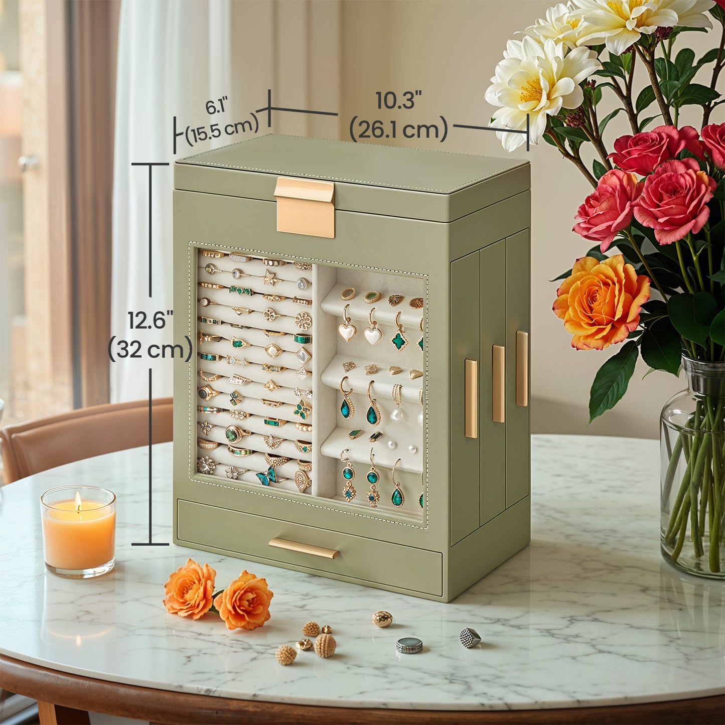 5-Tier Jewelry Organizer with Glass Display & 3 Modular Drawers, Hanging Storage System with Full Mirror, Modern Jewelry Case, Sage Green and Metallic Gold