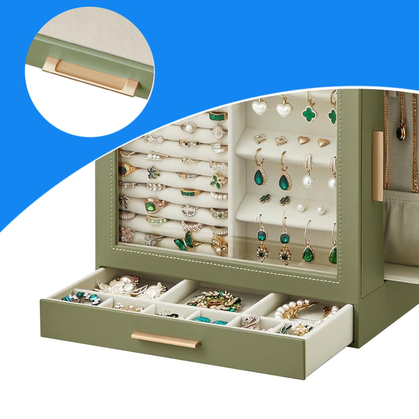 5-Tier Jewelry Organizer with Glass Display & 3 Modular Drawers, Hanging Storage System with Full Mirror, Modern Jewelry Case, Sage Green and Metallic Gold