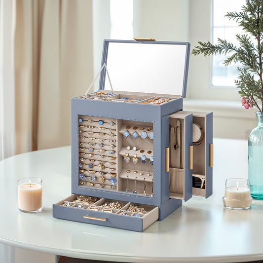 5-Tier Jewelry Organizer with Glass Display & 3 Adjustable Drawers, Hanging Storage System with Full Mirror, Modern Jewelry Case, Smoky Blue and Metallic Gold