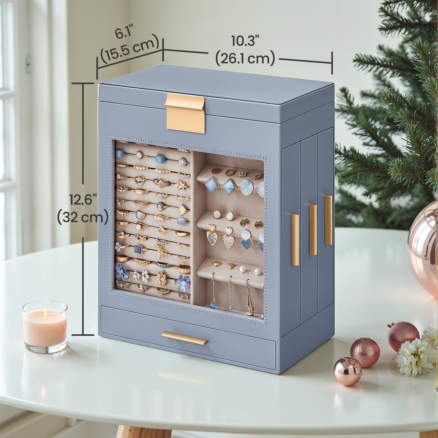 5-Tier Jewelry Organizer with Glass Display & 3 Adjustable Drawers, Hanging Storage System with Full Mirror, Modern Jewelry Case, Smoky Blue and Metallic Gold