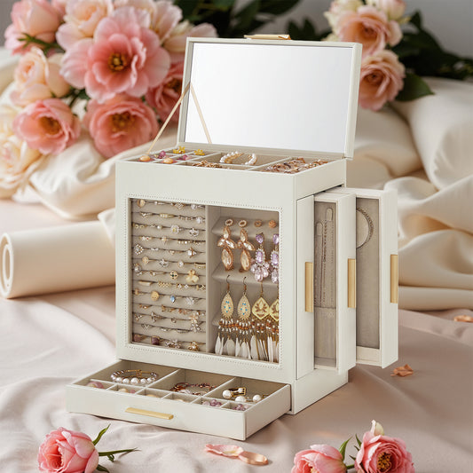 5-Tier Jewelry Organizer with Glass Display & 3 Modular Drawers, Hanging Storage System with Full Mirror, Modern Jewelry Case, Cloud White and Metallic Gold