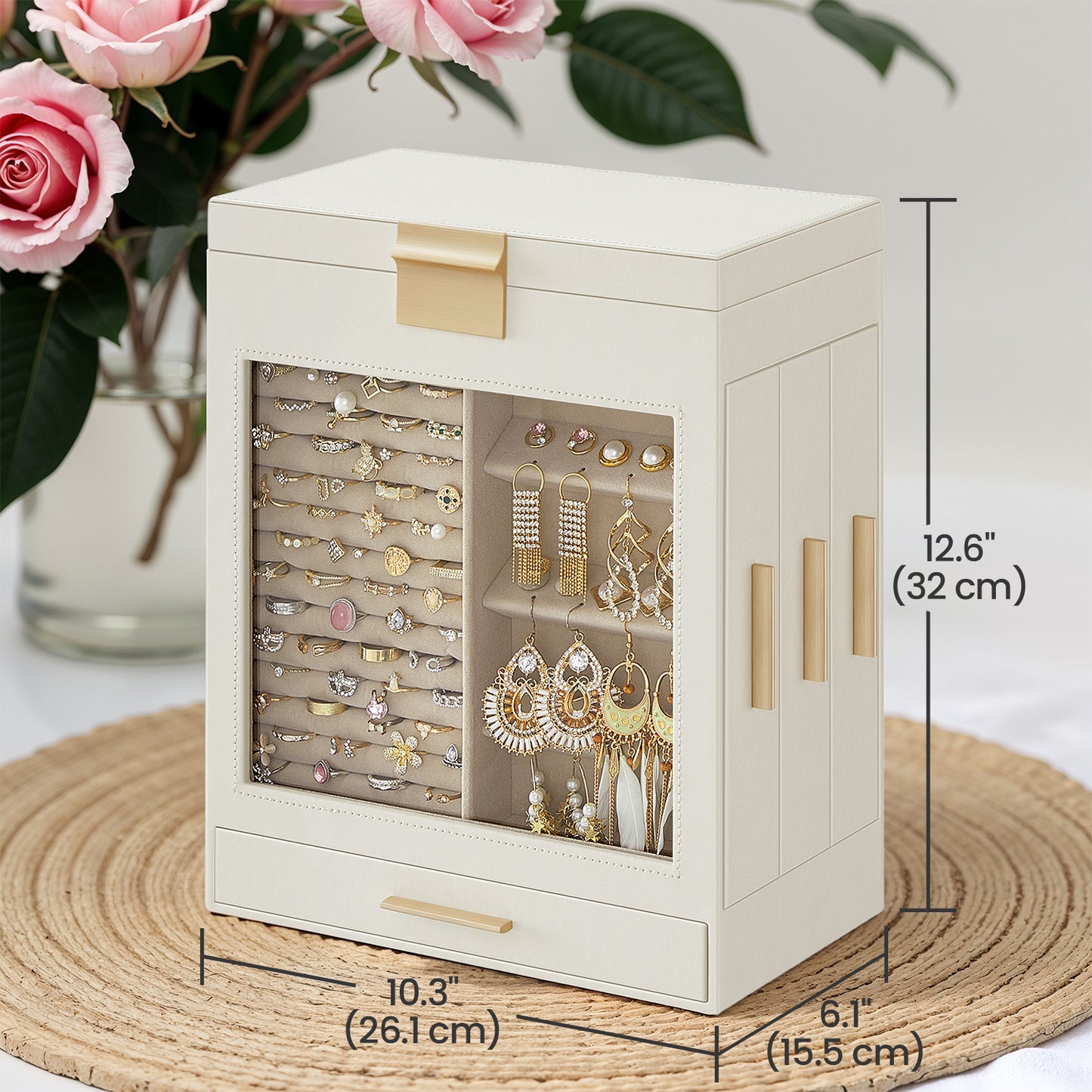 5-Tier Jewelry Organizer with Glass Display & 3 Modular Drawers, Hanging Storage System with Full Mirror, Modern Jewelry Case, Cloud White and Metallic Gold