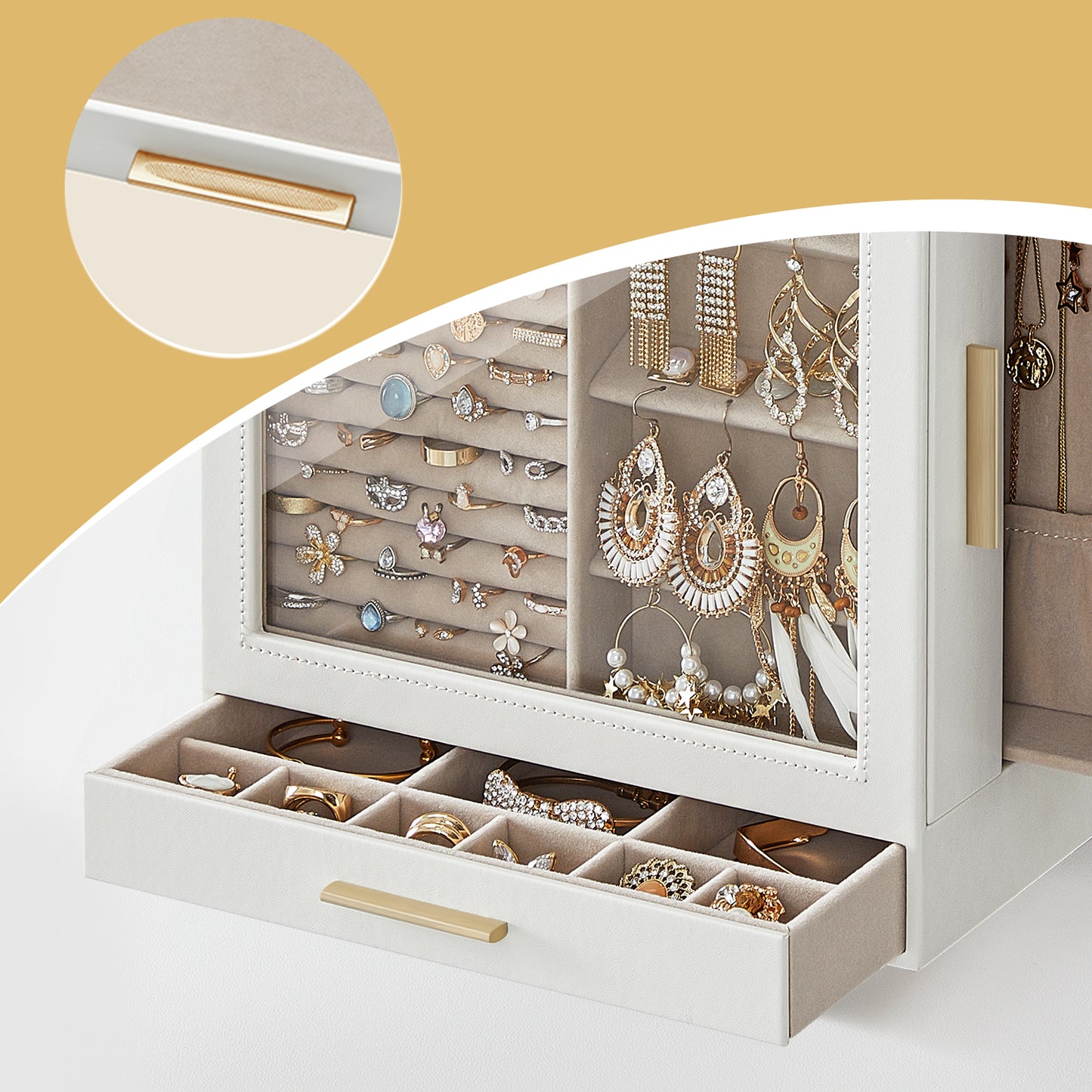 5-Tier Jewelry Organizer with Glass Display & 3 Modular Drawers, Hanging Storage System with Full Mirror, Modern Jewelry Case, Cloud White and Metallic Gold