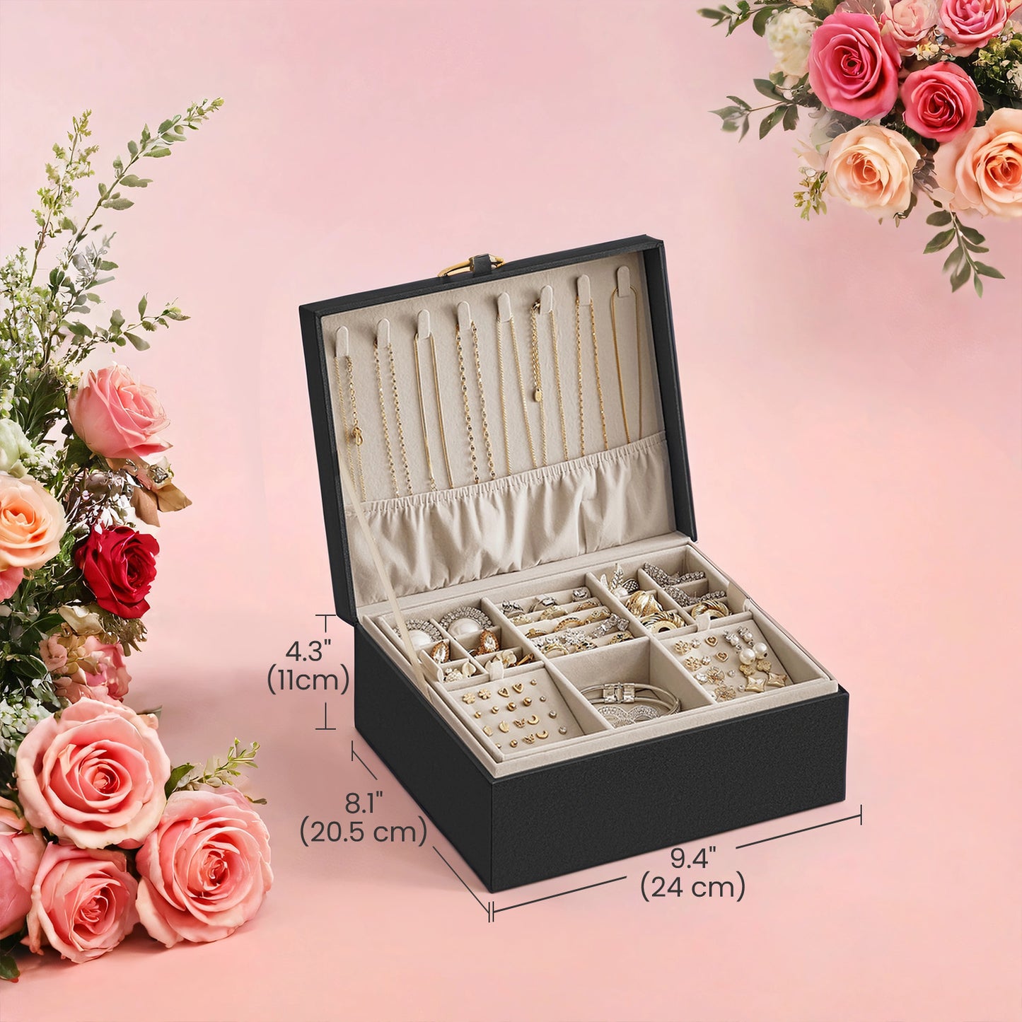 2-Tier Jewelry Organizer Box with Removable Tray & Floating Base – Stylish Metal Handle, Velvet-Lined Storage for Necklaces, Rings, Watches, Black