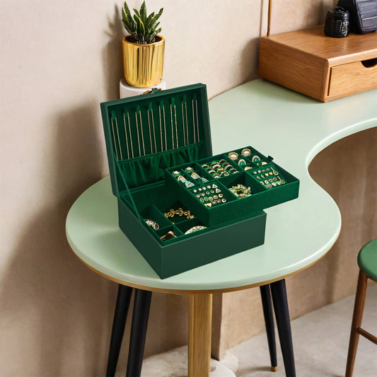 2-Tier Jewelry Organizer Box with Removable Tray & Floating Base, Metal Handle, Dedicated Storage for Necklaces, Rings, Watches, Sunglasses, Forest Green