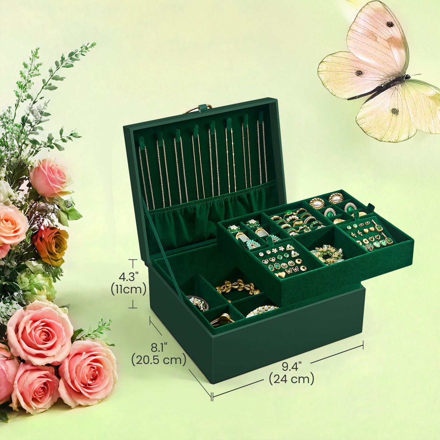 2-Tier Jewelry Organizer Box with Removable Tray & Floating Base, Metal Handle, Dedicated Storage for Necklaces, Rings, Watches, Sunglasses, Forest Green