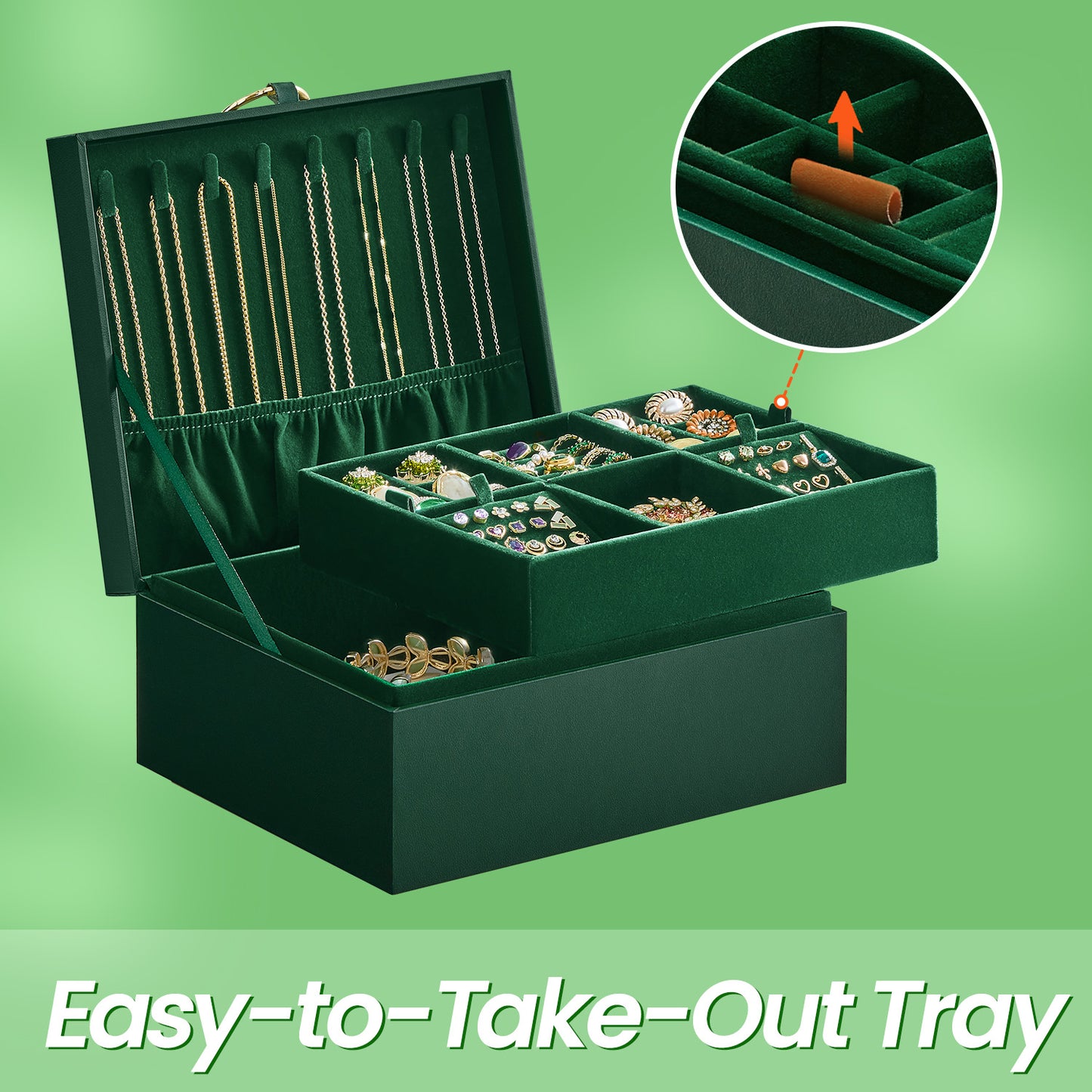 2-Tier Jewelry Organizer Box with Removable Tray & Floating Base, Metal Handle, Dedicated Storage for Necklaces, Rings, Watches, Sunglasses, Forest Green