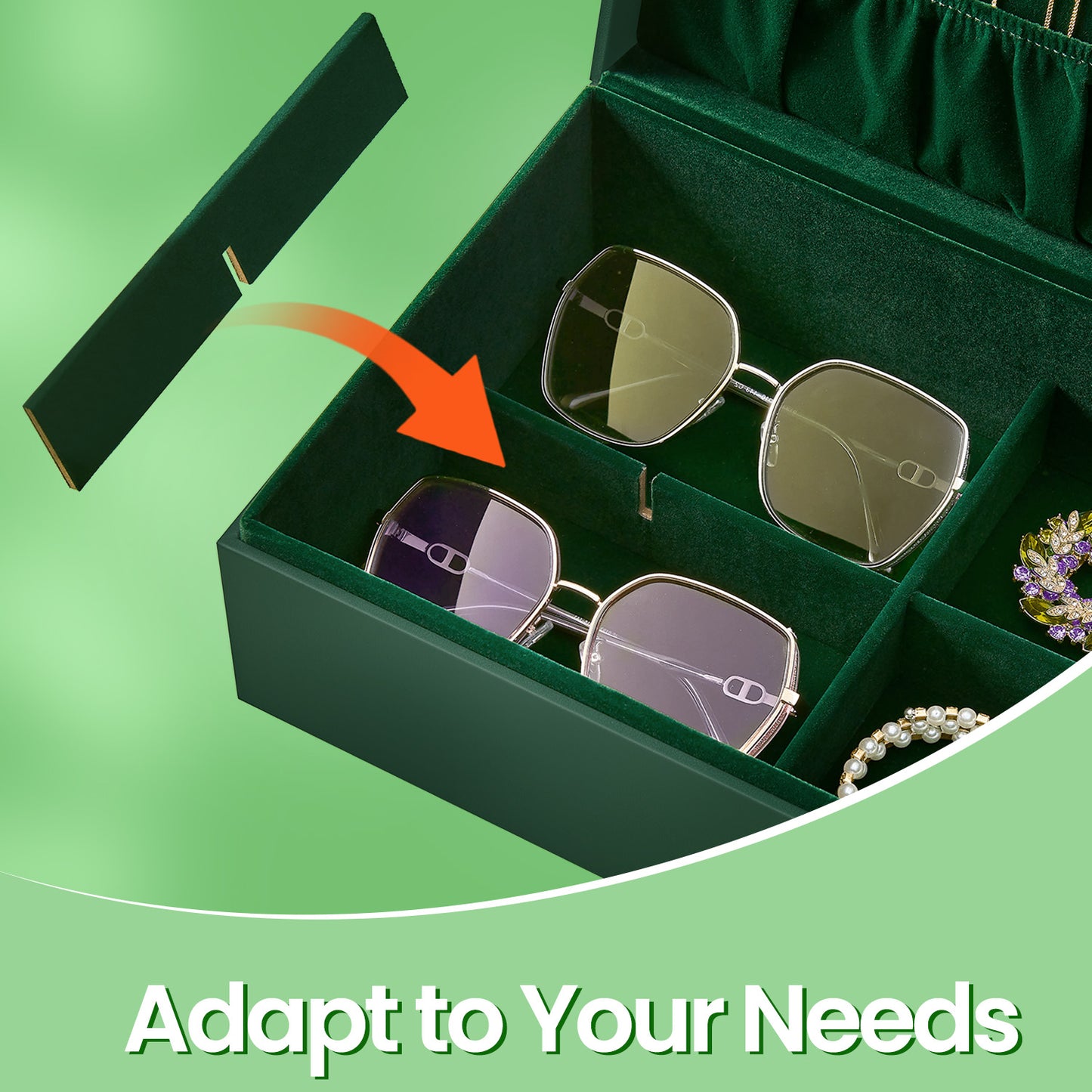 2-Tier Jewelry Organizer Box with Removable Tray & Floating Base, Metal Handle, Dedicated Storage for Necklaces, Rings, Watches, Sunglasses, Forest Green