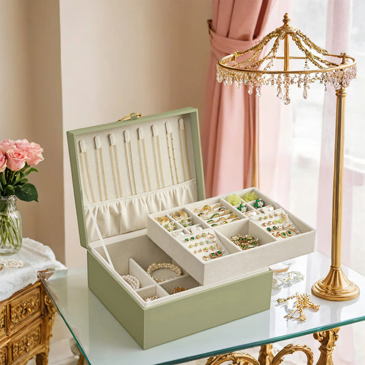 2-Tier Jewelry Box Organizer - Floating Design with Removable Tray & Handle, Velvet Lined Storage for Jewelry, Sunglasses, Laurel Green